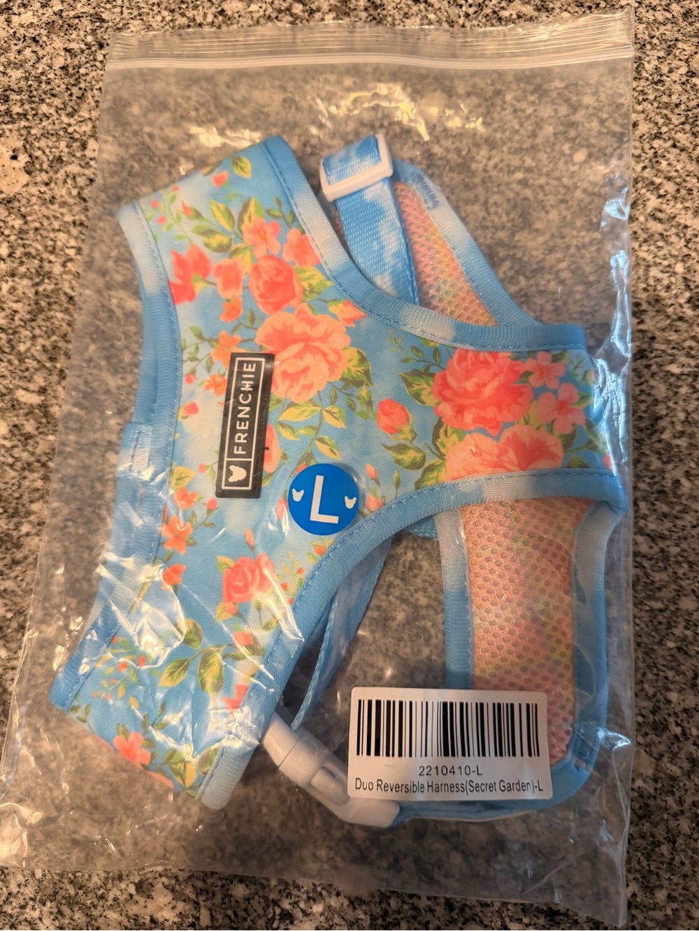 Frenchie Floral Reversible Dog Harness - Blue with Coral Roses Secret Garden (L)